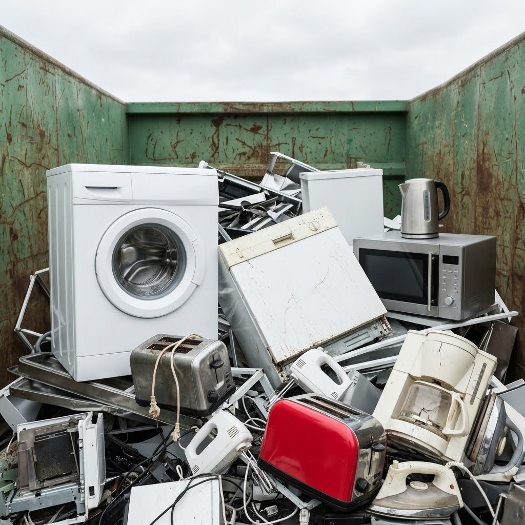 Appareils électroménagers en bon état jetés dans une benne de déchèterie